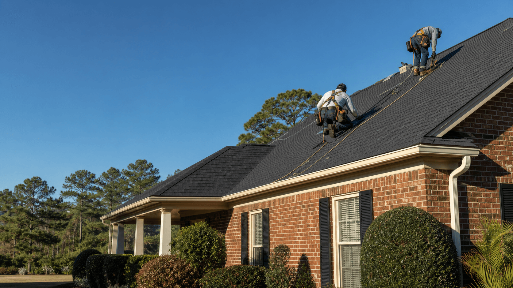 Roofers installing architectural shingles on a Florence, South Carolina home